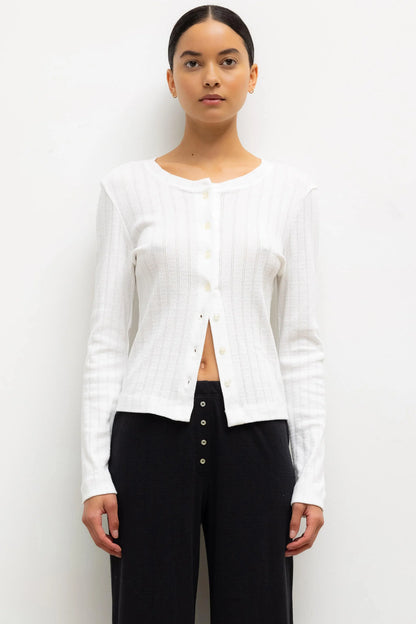 Pointelle Classic Crew Cardigan in White
