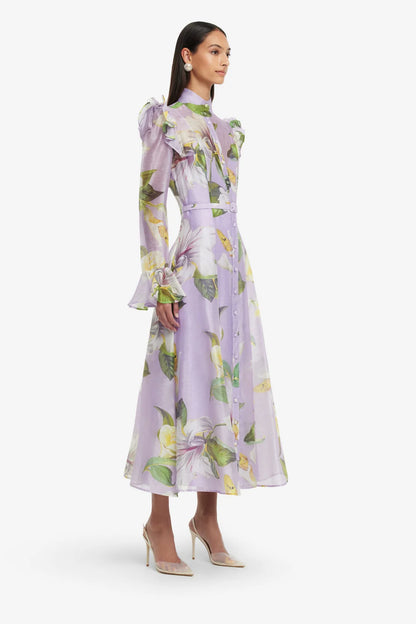 Katrina Butterfly Sleeve Midi Dress in Lily Blossom Print in Lilac