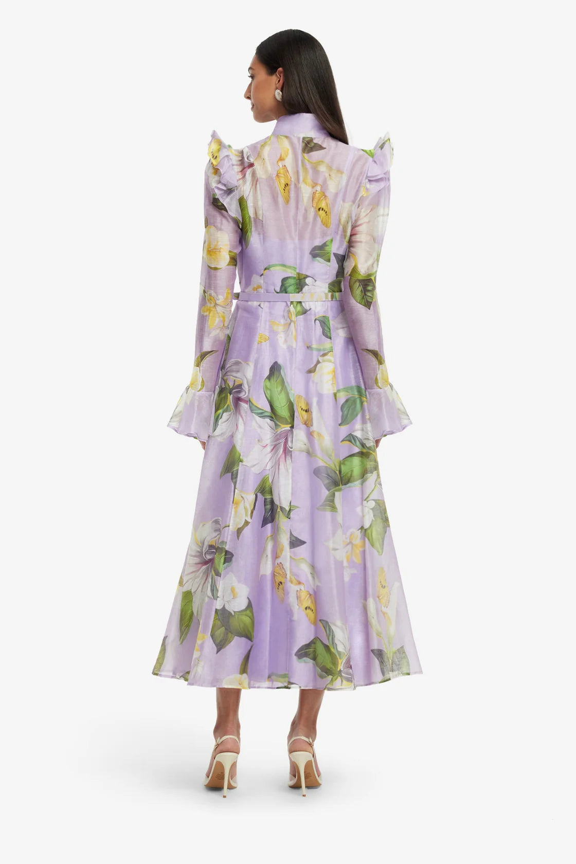 Katrina Butterfly Sleeve Midi Dress in Lily Blossom Print in Lilac