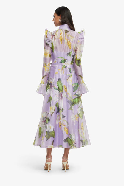 Katrina Butterfly Sleeve Midi Dress in Lily Blossom Print in Lilac