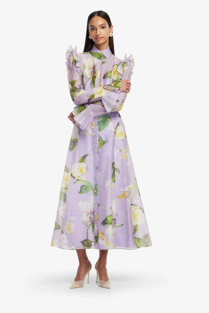 Katrina Butterfly Sleeve Midi Dress in Lily Blossom Print in Lilac