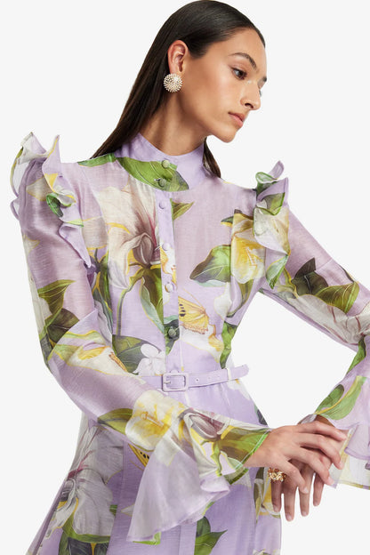 Katrina Butterfly Sleeve Midi Dress in Lily Blossom Print in Lilac