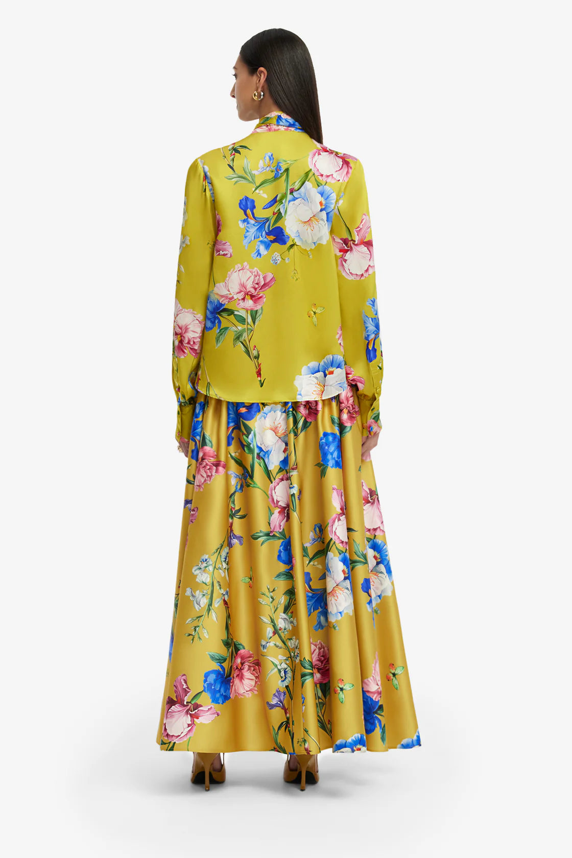 Freya Tie Neck Silk Blouse in Mustard Garden Print