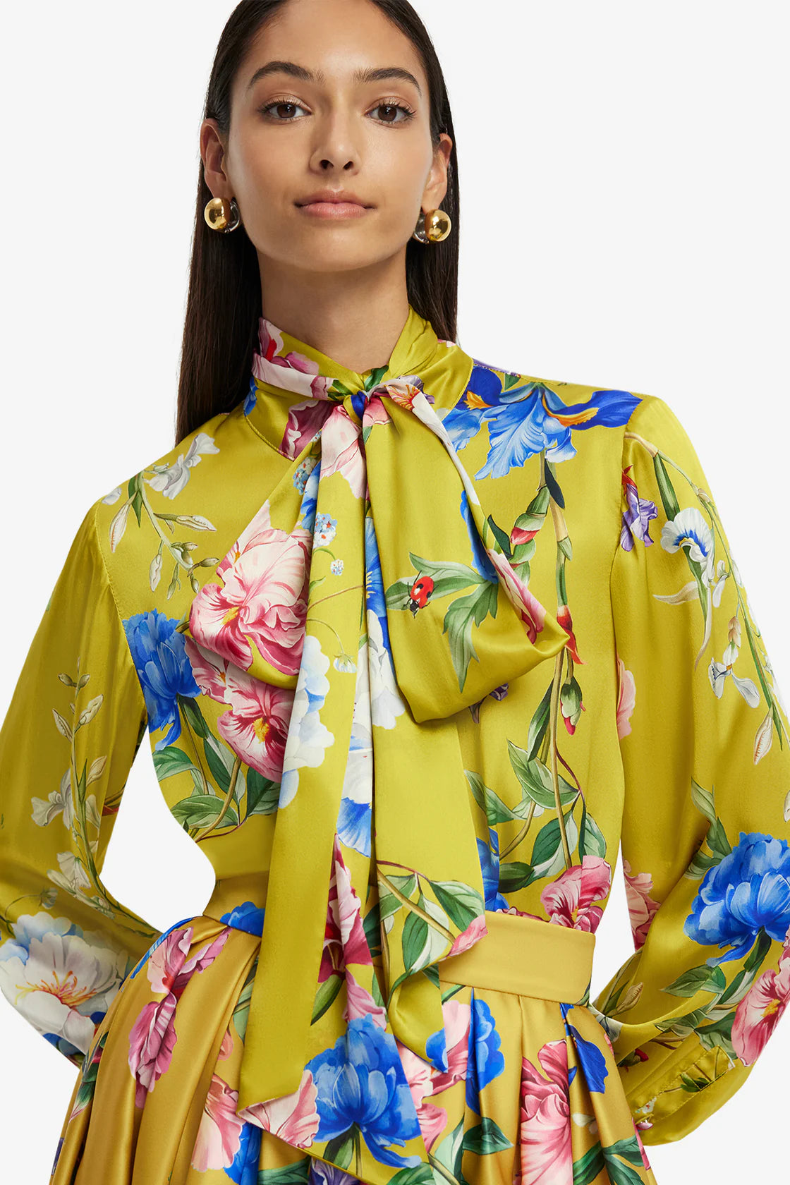 Freya Tie Neck Silk Blouse in Mustard Garden Print