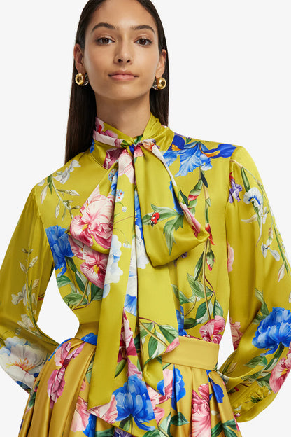 Freya Tie Neck Silk Blouse in Mustard Garden Print
