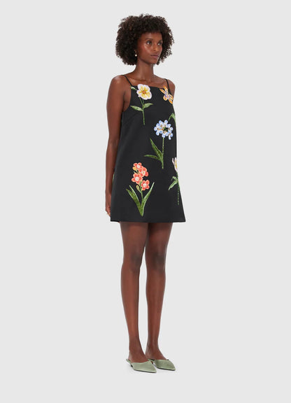 Leia Embroidered Mini Dress in Botanical Print in Ebony