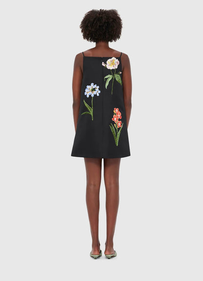 Leia Embroidered Mini Dress in Botanical Print in Ebony