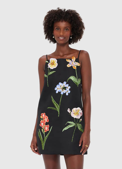 Leia Embroidered Mini Dress in Botanical Print in Ebony