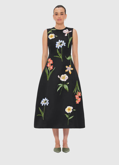 Cleo Embroidered Sleeveless Midi Dress in Botanical Print in Ebony