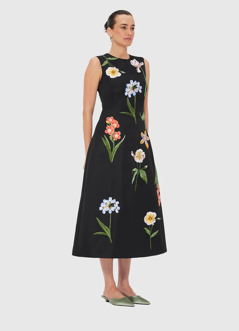 Cleo Embroidered Sleeveless Midi Dress in Botanical Print in Ebony