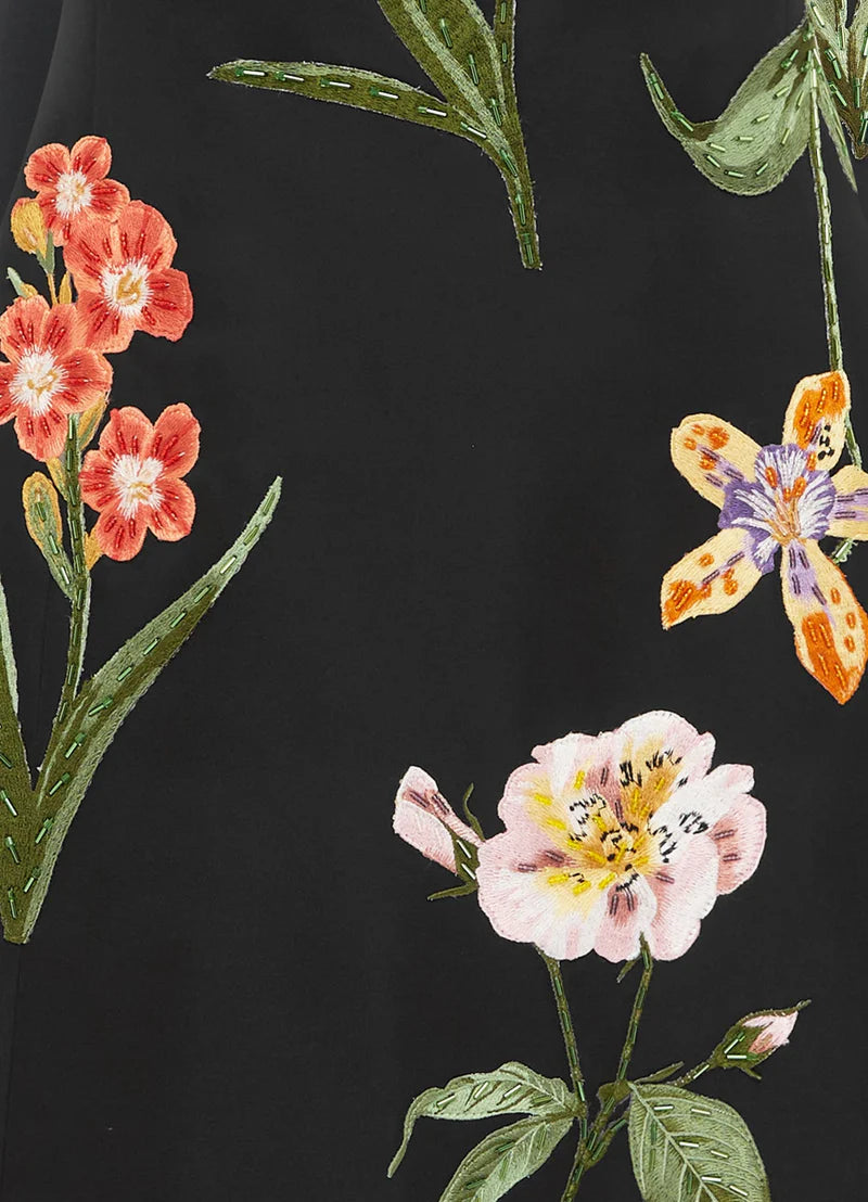 Cleo Embroidered Sleeveless Midi Dress in Botanical Print in Ebony