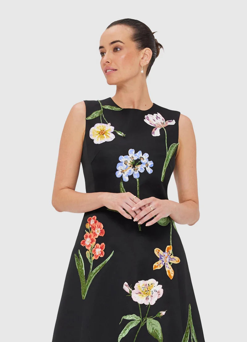 Cleo Embroidered Sleeveless Midi Dress in Botanical Print in Ebony
