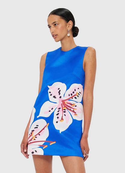 Yvonne Mini Dress in Lily Print Cobalt