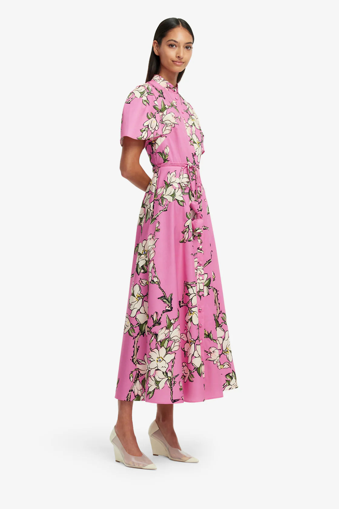 Bianca Short Sleeve Midi Dress in Pink Magenta Print