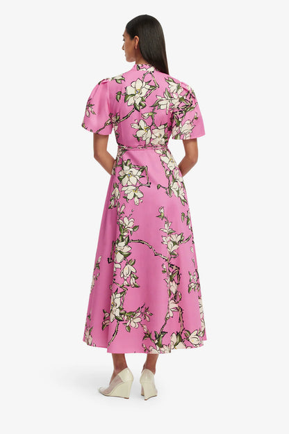 Bianca Short Sleeve Midi Dress in Pink Magenta Print