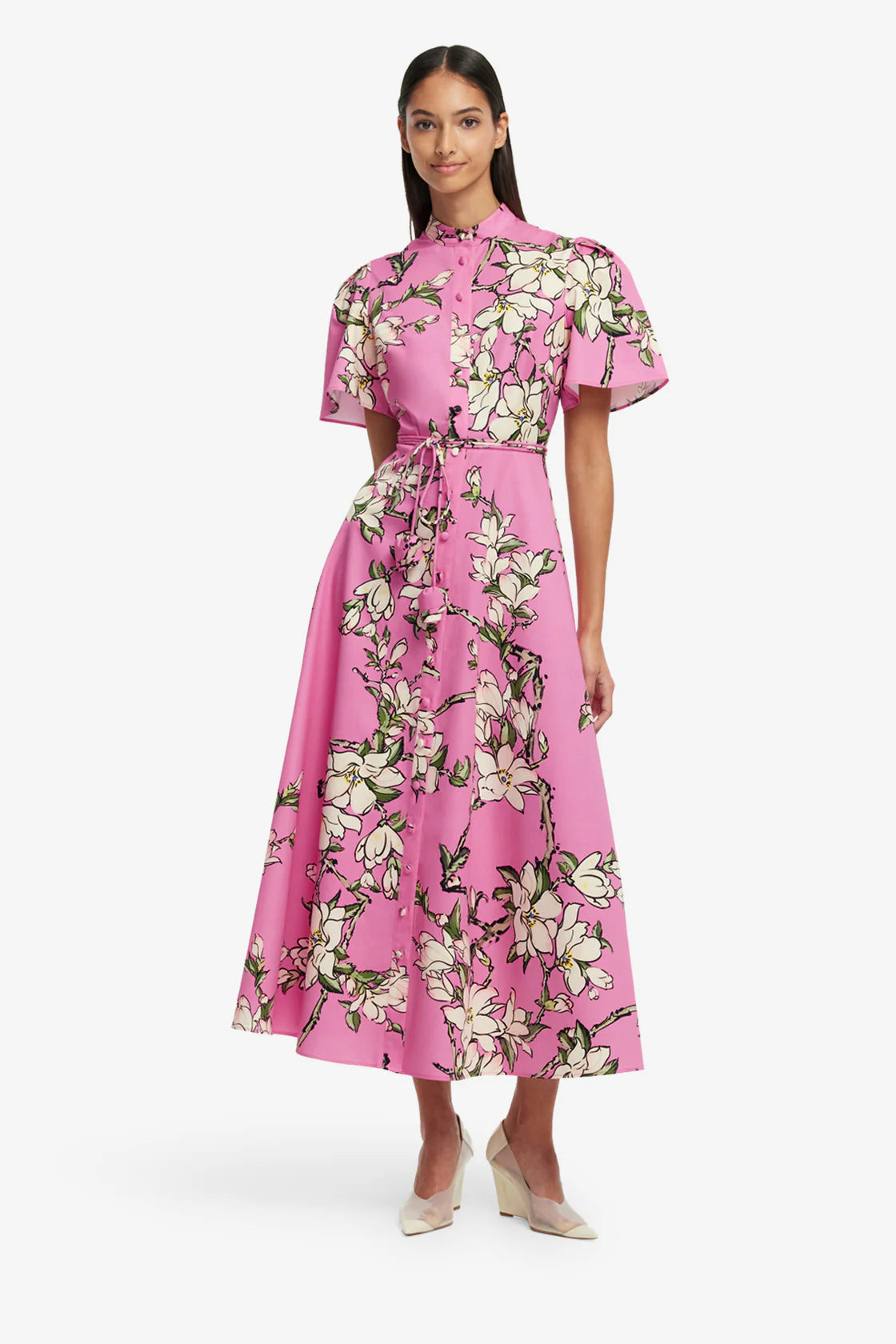 Bianca Short Sleeve Midi Dress in Pink Magenta Print