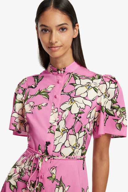 Bianca Short Sleeve Midi Dress in Pink Magenta Print