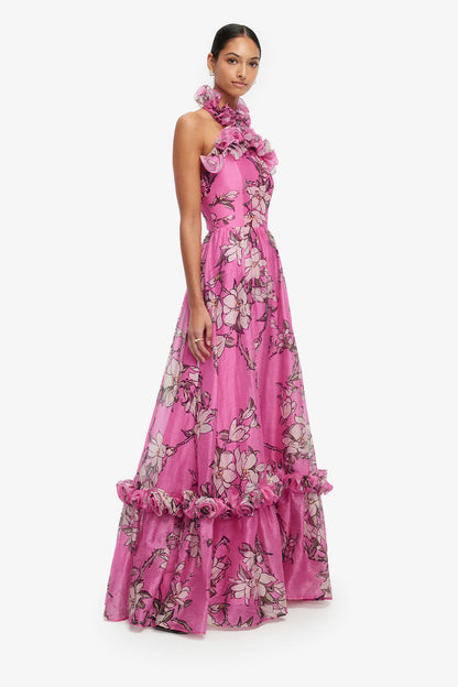 Isabelle Ruffled Halter Neck Maxi Dress in Pink Magnolia Print