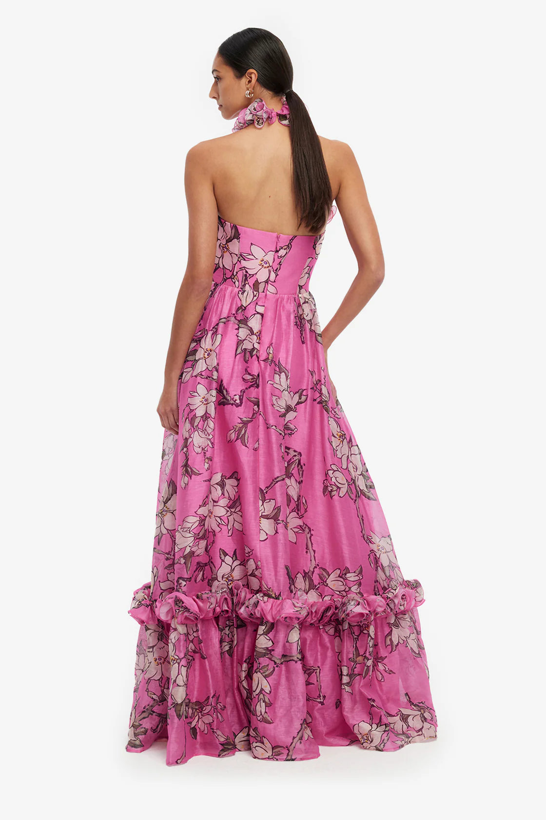 Isabelle Ruffled Halter Neck Maxi Dress in Pink Magnolia Print