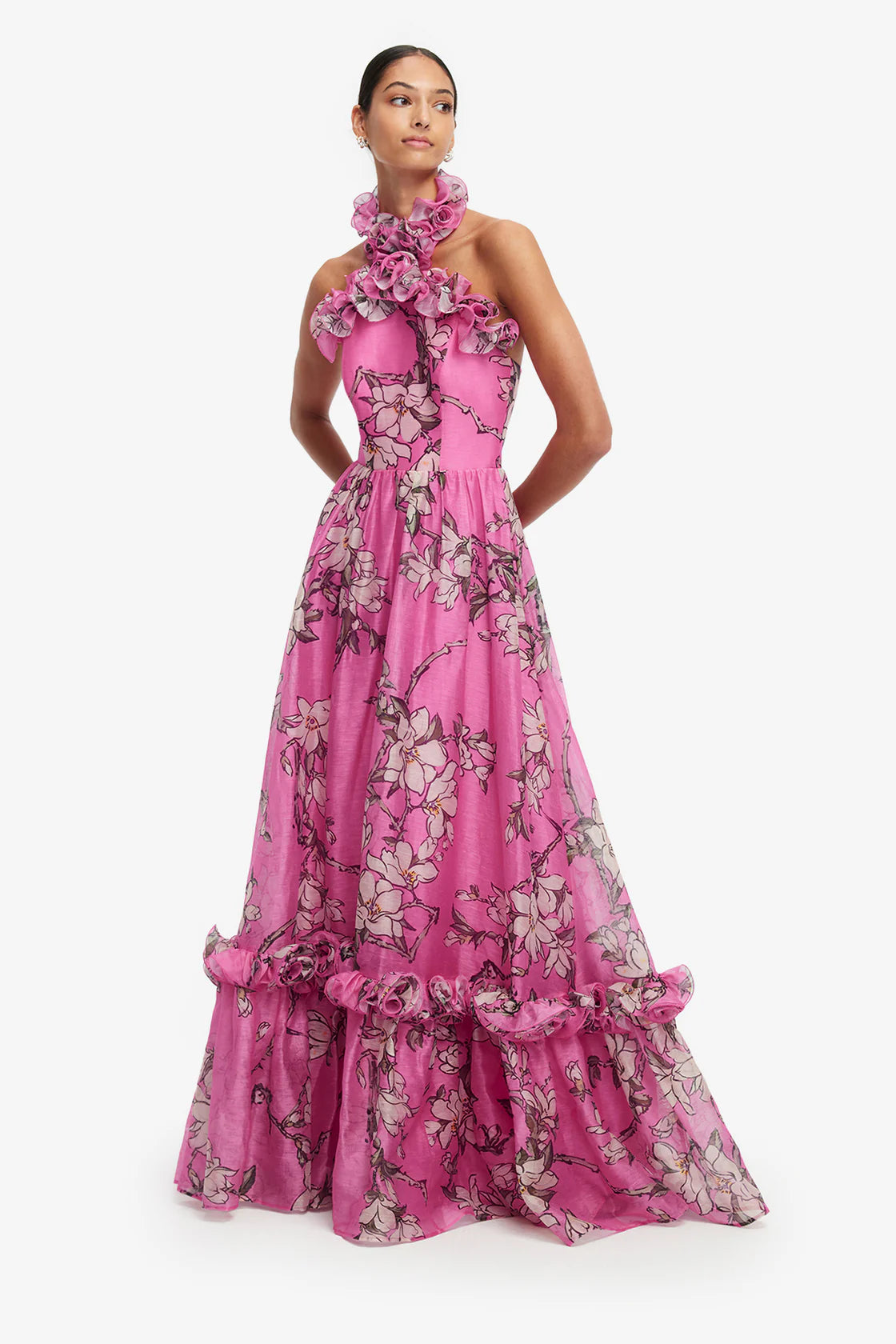 Isabelle Ruffled Halter Neck Maxi Dress in Pink Magnolia Print