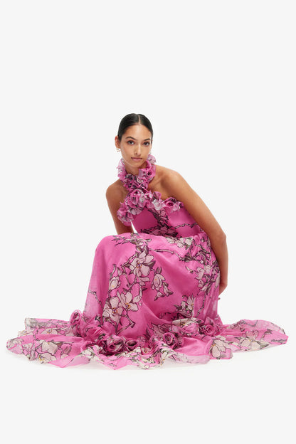 Isabelle Ruffled Halter Neck Maxi Dress in Pink Magnolia Print