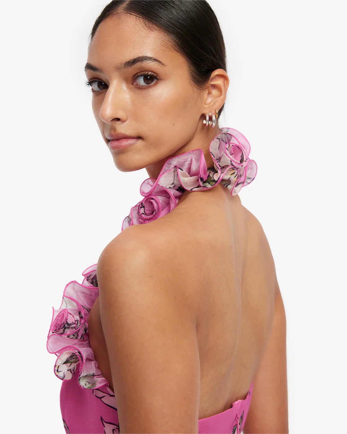 Isabelle Ruffled Halter Neck Maxi Dress in Pink Magnolia Print