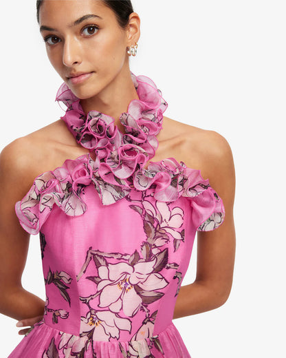Isabelle Ruffled Halter Neck Maxi Dress in Pink Magnolia Print