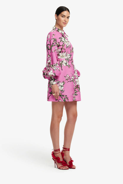 Luminous Linen Mini Dress in Pink Magnolia Print