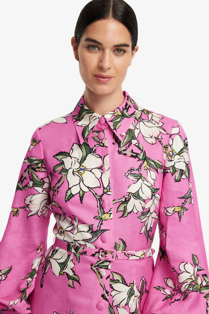 Luminous Linen Mini Dress in Pink Magnolia Print