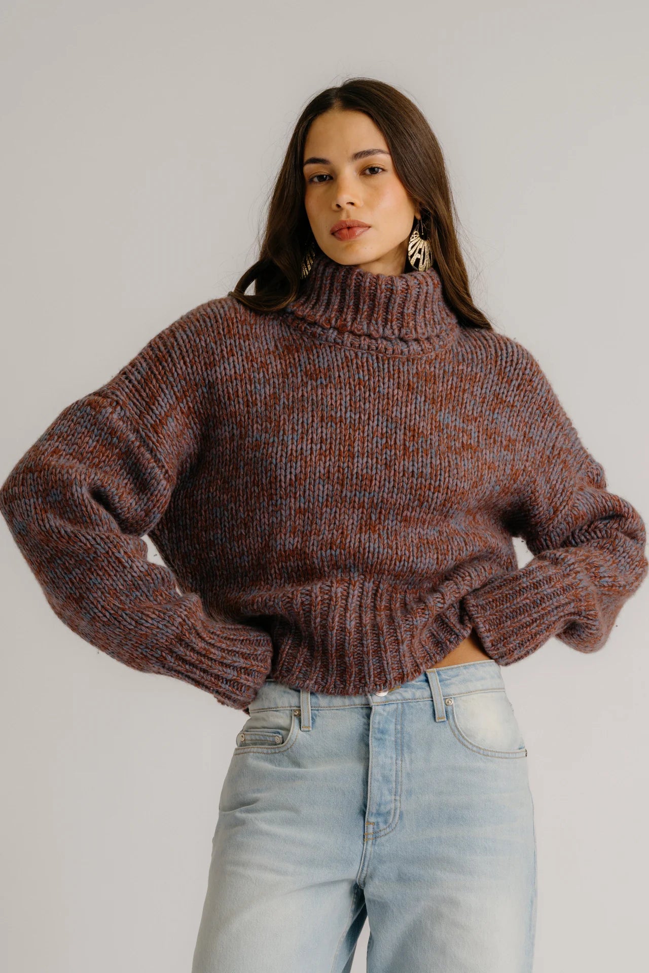 Darcey Cropped Slouchy Cashmere Turtleneck in Mahogany Multi