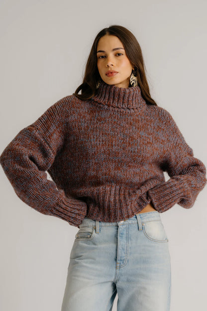 Darcey Cropped Slouchy Cashmere Turtleneck in Mahogany Multi