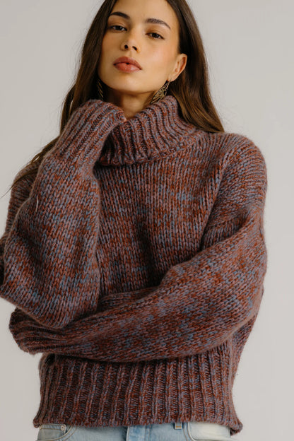 Darcey Cropped Slouchy Cashmere Turtleneck in Mahogany Multi