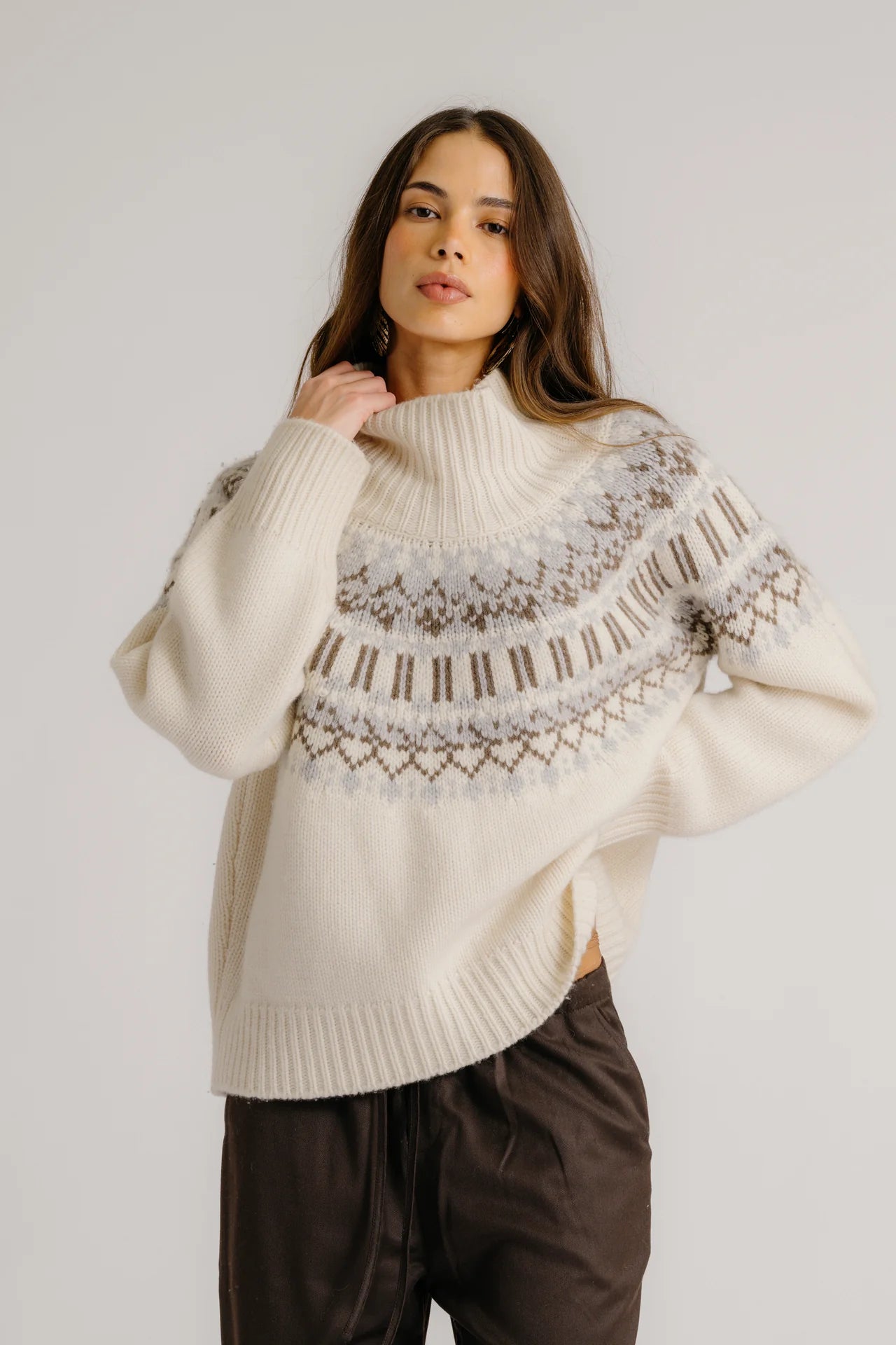 Scottie Slouchy Fair Isle Cashmere Mock Neck in Gardenia Fair Isle