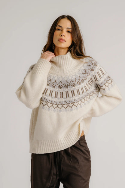 Scottie Slouchy Fair Isle Cashmere Mock Neck in Gardenia Fair Isle