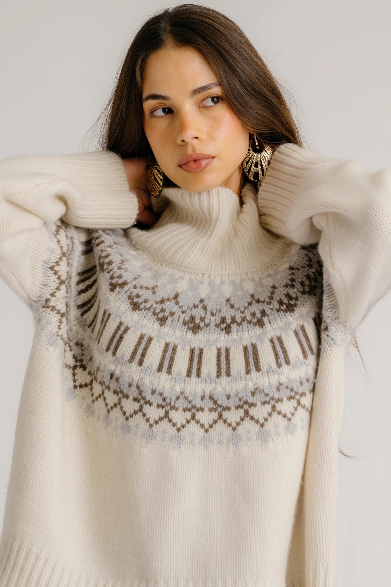 Scottie Slouchy Fair Isle Cashmere Mock Neck in Gardenia Fair Isle