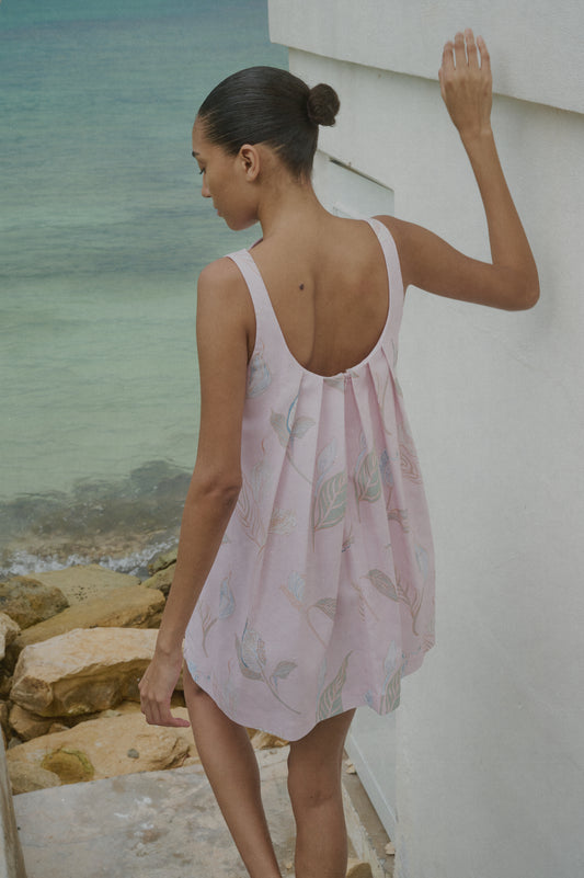 Pleated-Back Mini Dress in Rose Peach Lily