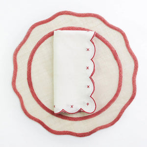 Scalloped Knot Red Embroidered Linen Napkin | Set of 4