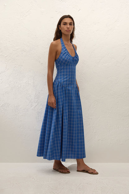 Del Ros Midi Dress Flor Check Cobalt