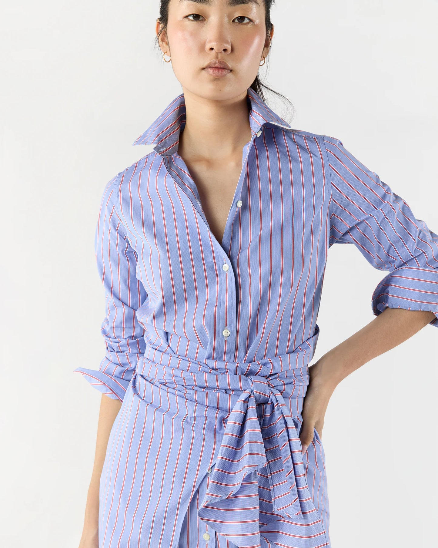 Maxi Tie-Waist Shirtdress in Blue/Red Multi Stripe Poplin