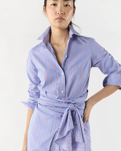Maxi Tie-Waist Shirtdress in Blue/Red Multi Stripe Poplin