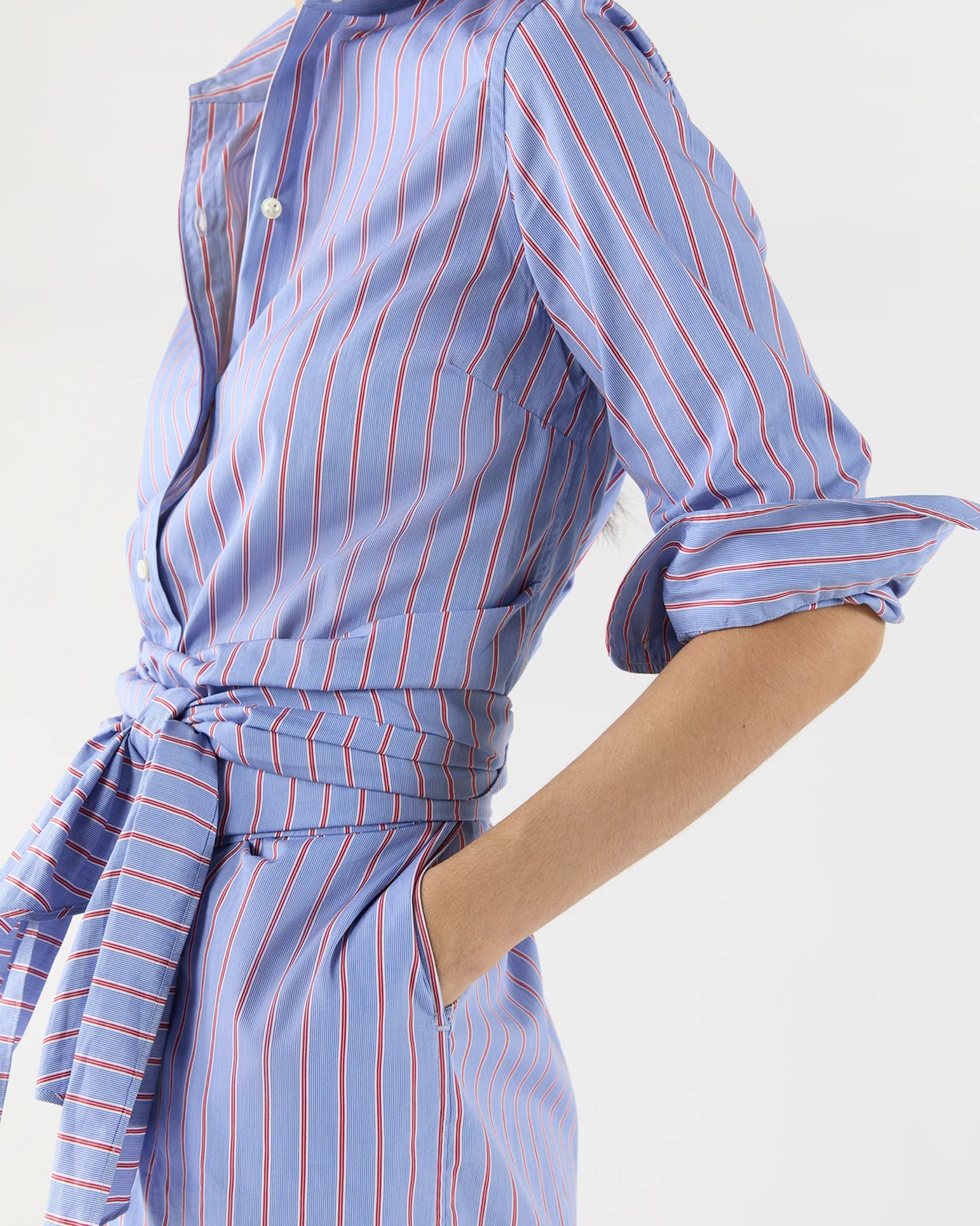 Maxi Tie-Waist Shirtdress in Blue/Red Multi Stripe Poplin