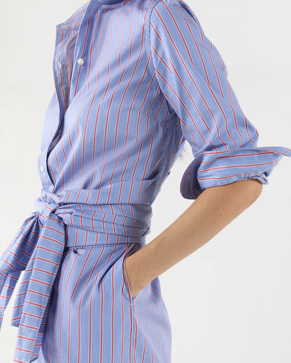 Maxi Tie-Waist Shirtdress in Blue/Red Multi Stripe Poplin