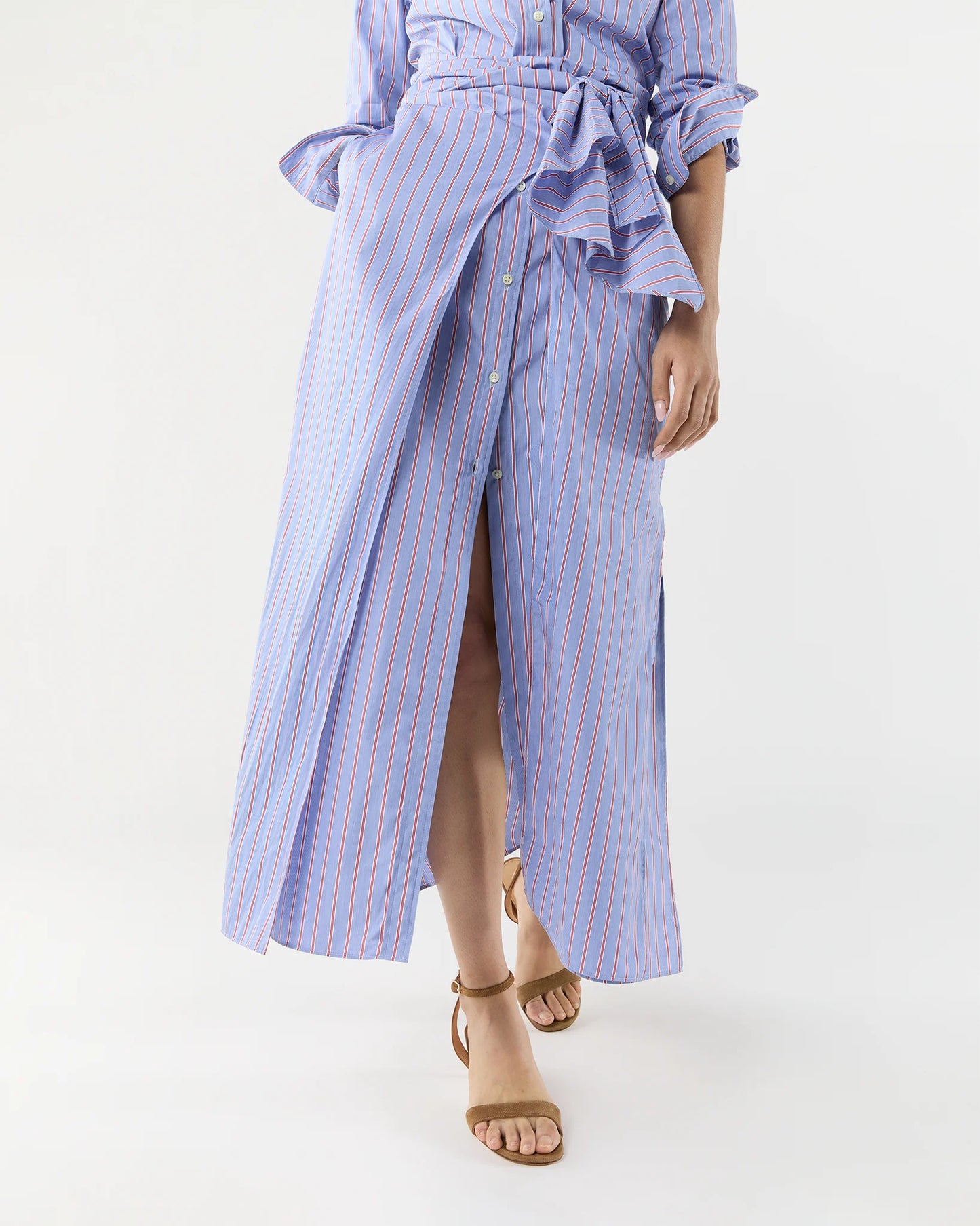 Maxi Tie-Waist Shirtdress in Blue/Red Multi Stripe Poplin