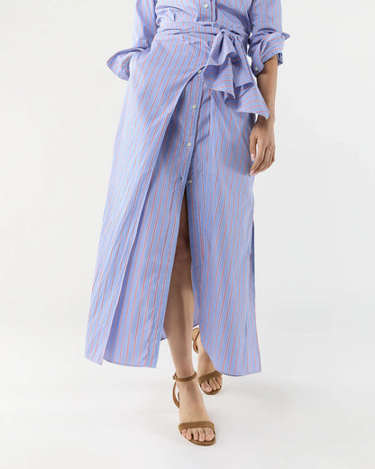 Maxi Tie-Waist Shirtdress in Blue/Red Multi Stripe Poplin