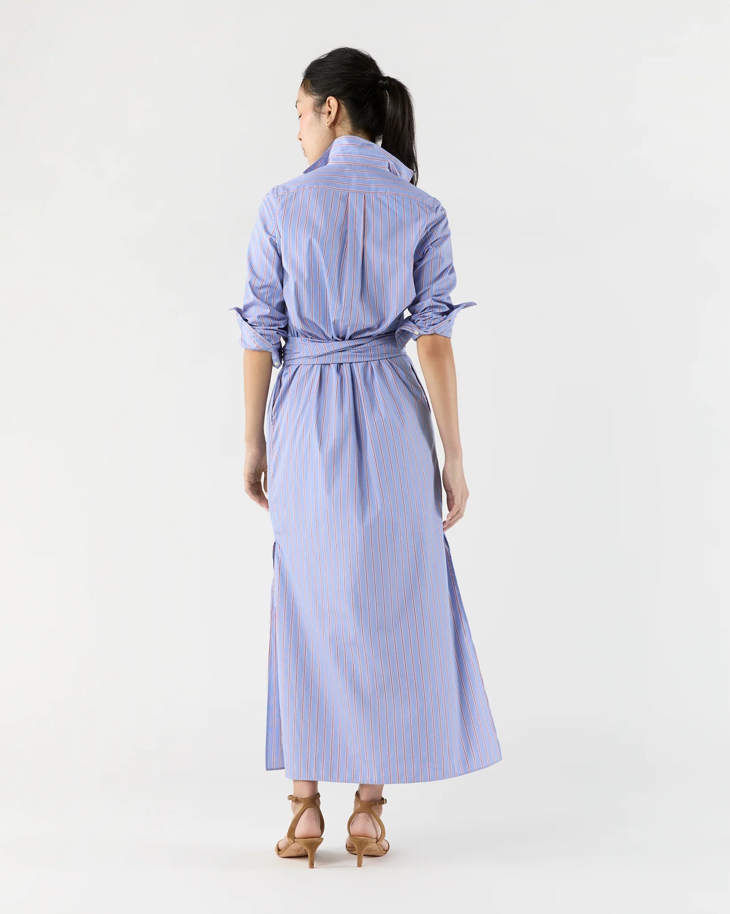 Maxi Tie-Waist Shirtdress in Blue/Red Multi Stripe Poplin