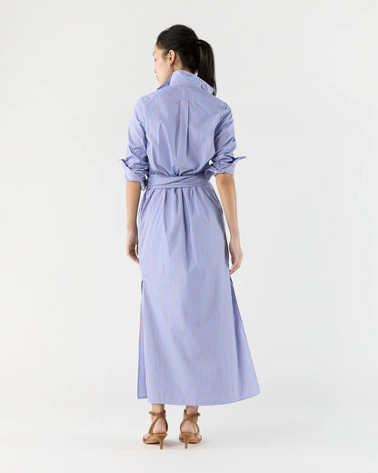 Maxi Tie-Waist Shirtdress in Blue/Red Multi Stripe Poplin
