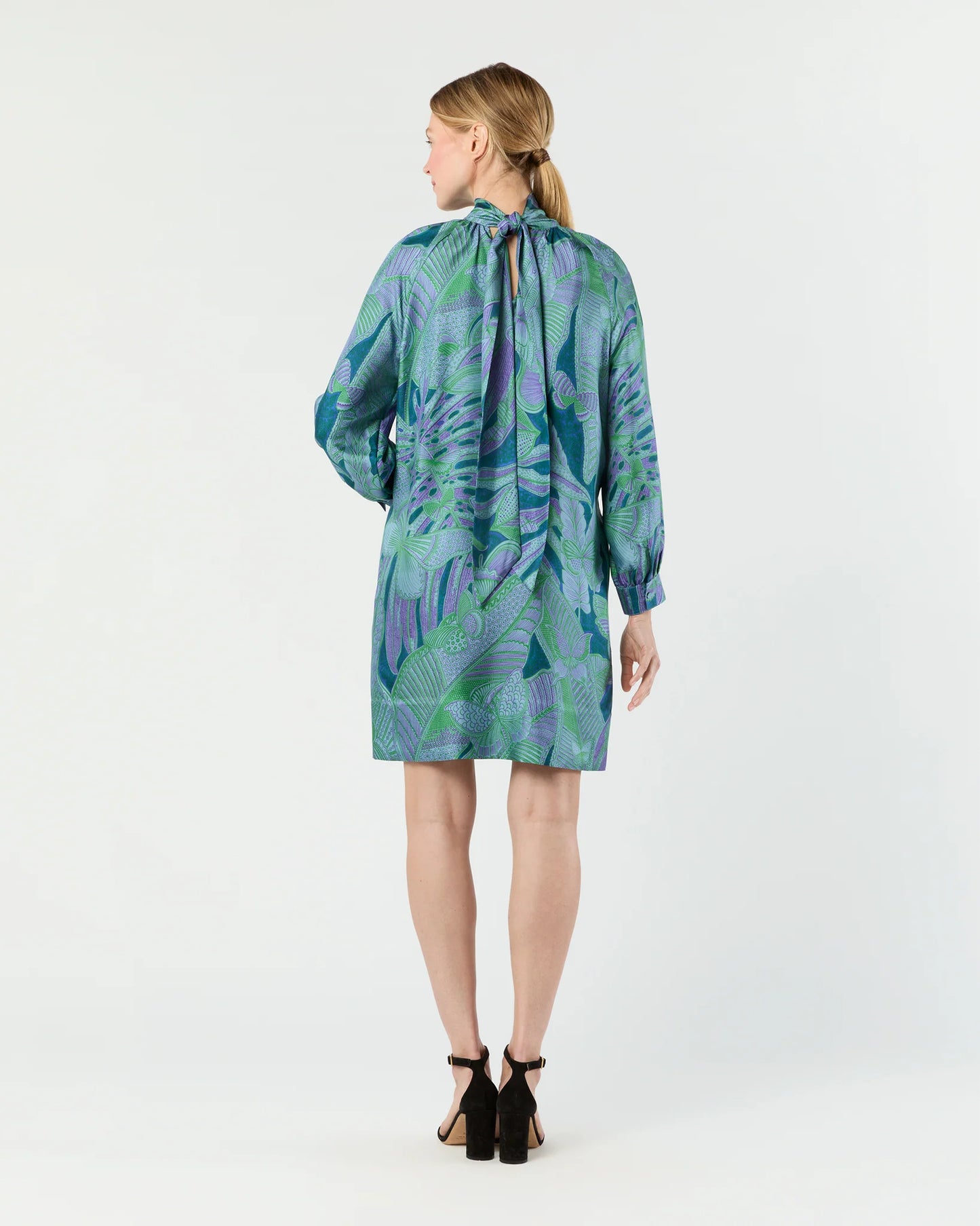 Maggie Dress in Purple/Green Butterfly Block Print Silk Twill