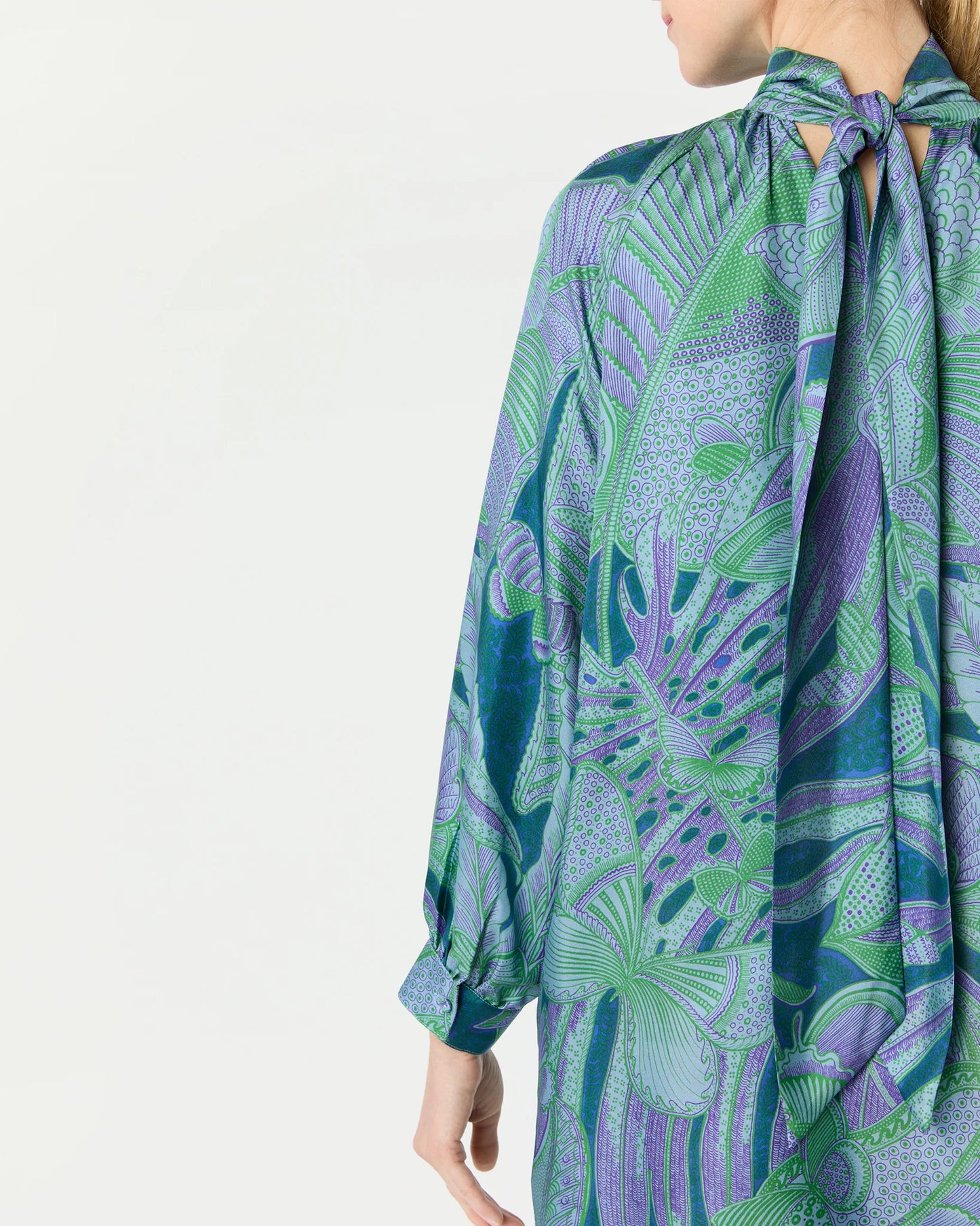 Maggie Dress in Purple/Green Butterfly Block Print Silk Twill