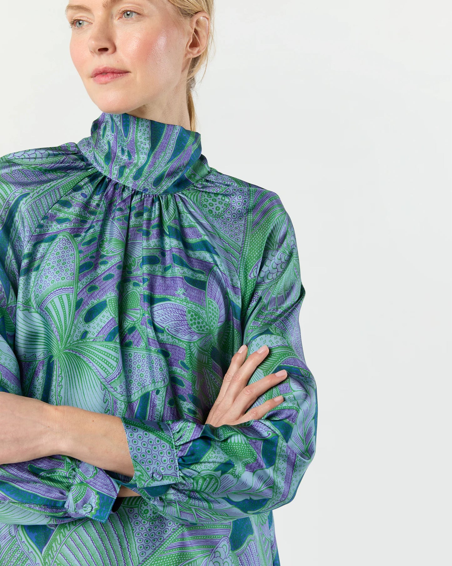 Maggie Dress in Purple/Green Butterfly Block Print Silk Twill
