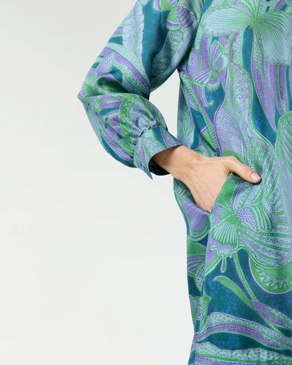 Maggie Dress in Purple/Green Butterfly Block Print Silk Twill